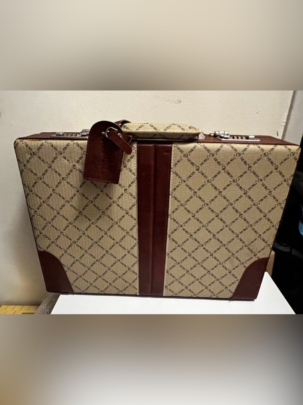 Italian Leather-Trimmed Canvas Travel Case in Brown and Cream